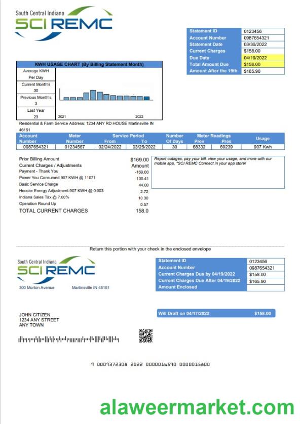 USA Indiana SCI REMC utility bill template in Word and PDF format